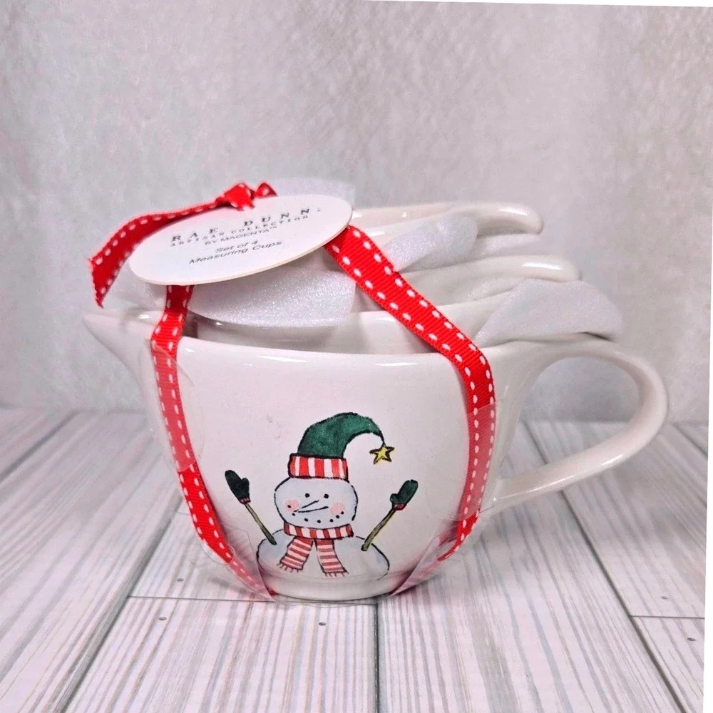Rae Dunn Snowman Measuring Cups Set‎ of 4 Ceramic Christmas Holiday Magenta NEW